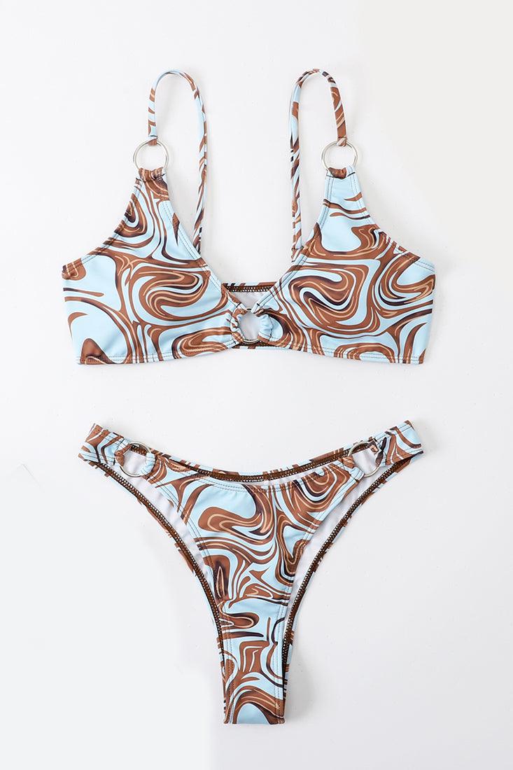 Sexy Blue Brown Graphic Swirl Print 2pc Bikini - AMIClubwear