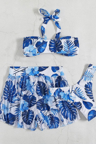 Sexy Blue White Leaf Print 3pc Bikini With Coverup Skirt - AMIClubwear