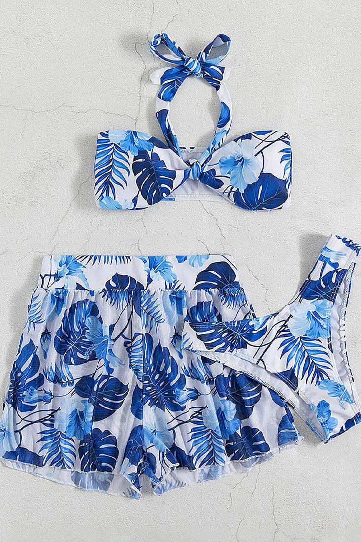 Sexy Blue White Leaf Print 3pc Bikini With Coverup Skirt - AMIClubwear