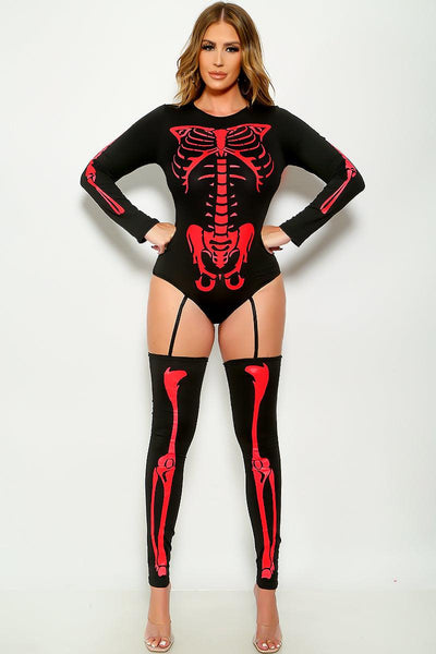 Sexy Bone-A-Fide Skeleton Black Red Long Sleeve Bodysuit 3 Pc Costume - AMIClubwear