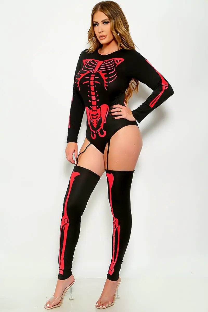 Sexy Bone-A-Fide Skeleton Black Red Long Sleeve Bodysuit 3 Pc Costume