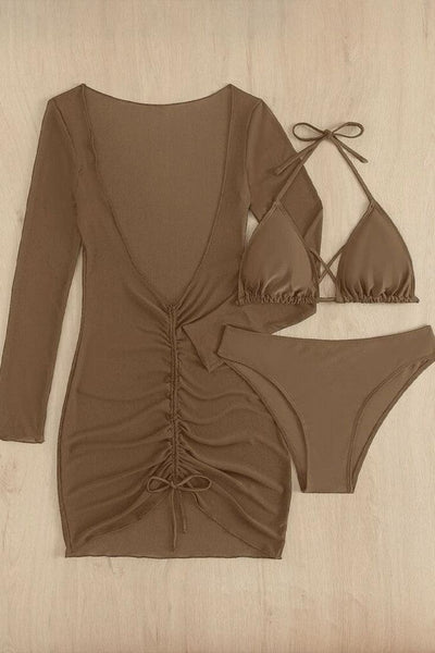 Sexy Brown 3pc Bikini With Beach Dress Coverup - AMIClubwear