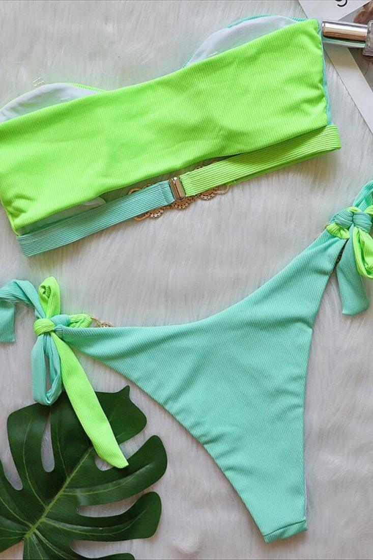 Sexy Green Color Block 2pc Bikini With Gemstones - AMIClubwear