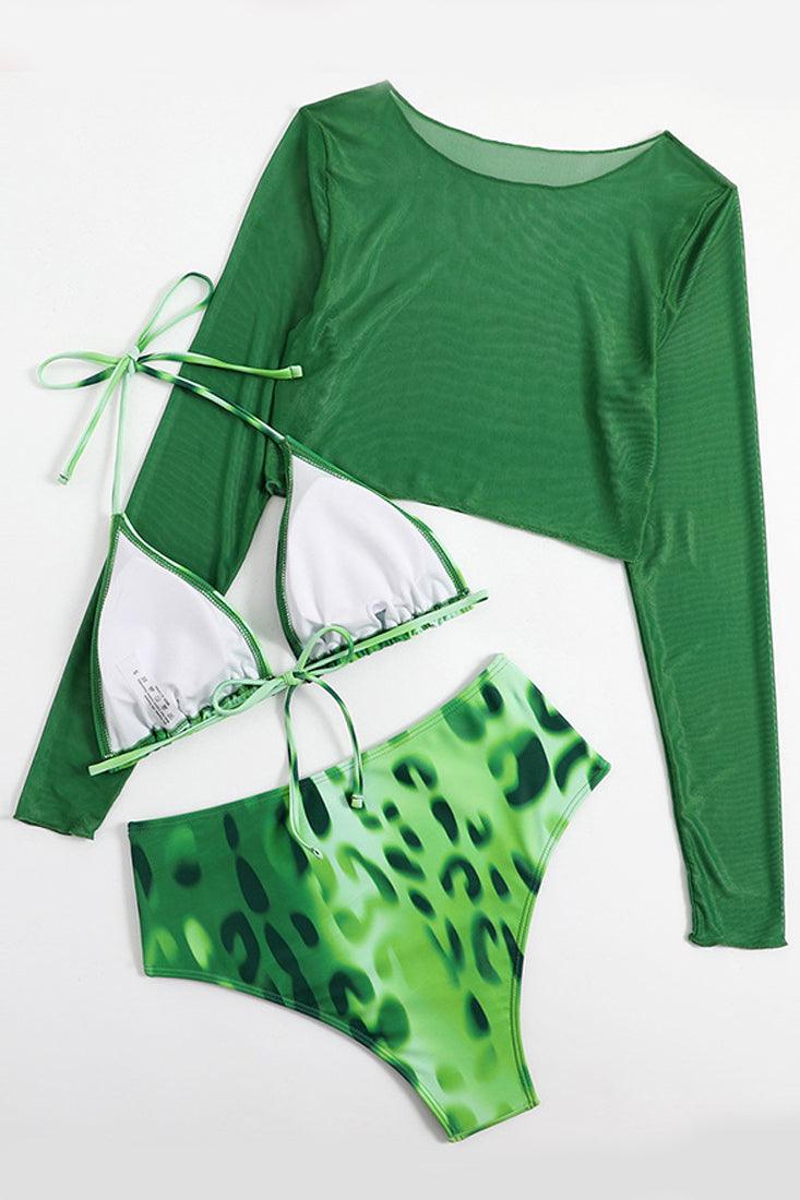 Sexy Green Leopard Print 3pc Bikini With Mesh Coverup - AMIClubwear