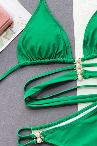 Sexy Green Strappy Triangle Cheeky Pearl Gold 2pc Swimsuit Bikini - AMIClubwear