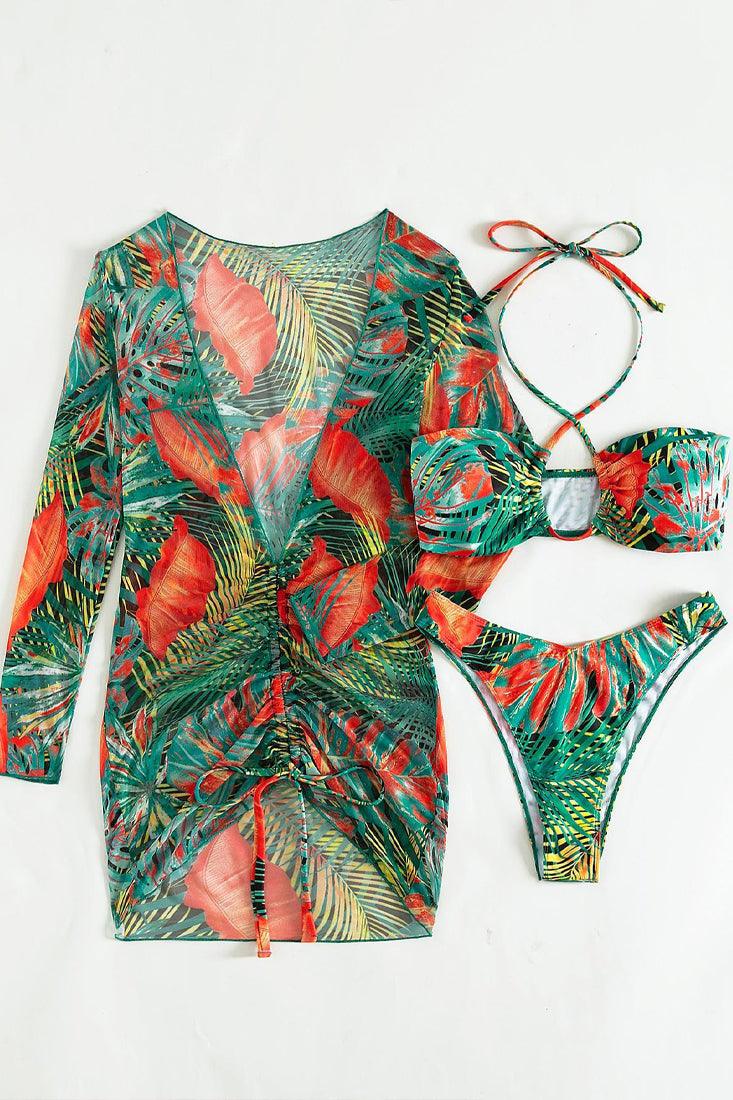 Sexy Green Tropical Tree Print 3pc Bikini With Coverup - AMIClubwear