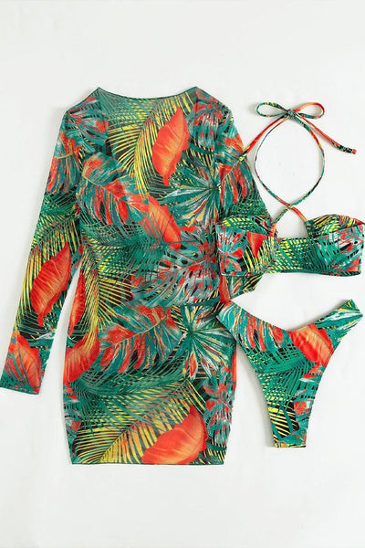 Sexy Green Tropical Tree Print 3pc Bikini With Coverup - AMIClubwear