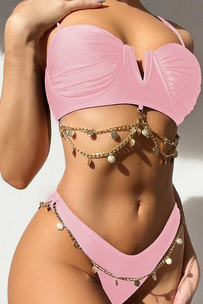 Sexy Light Pink Cheeky 2pc Bikini With Chain Detail - AMIClubwear