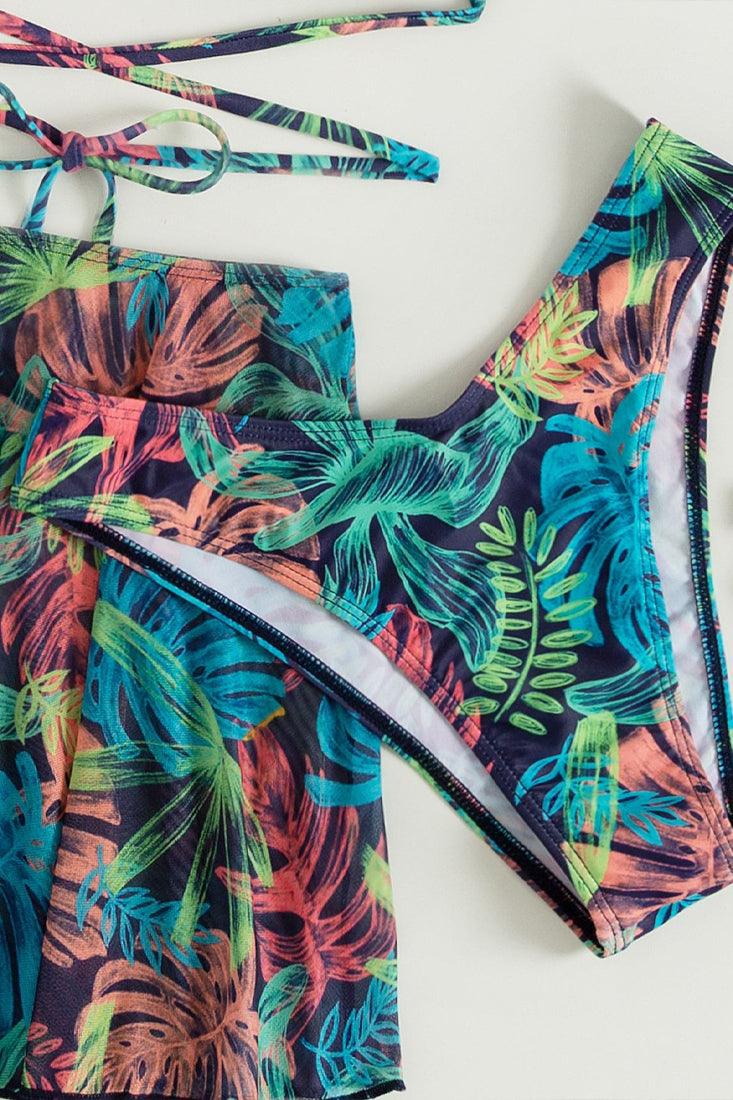 Sexy Multi Color Tropic Tree Print 3pc Bikini With Coverup Skirt - AMIClubwear