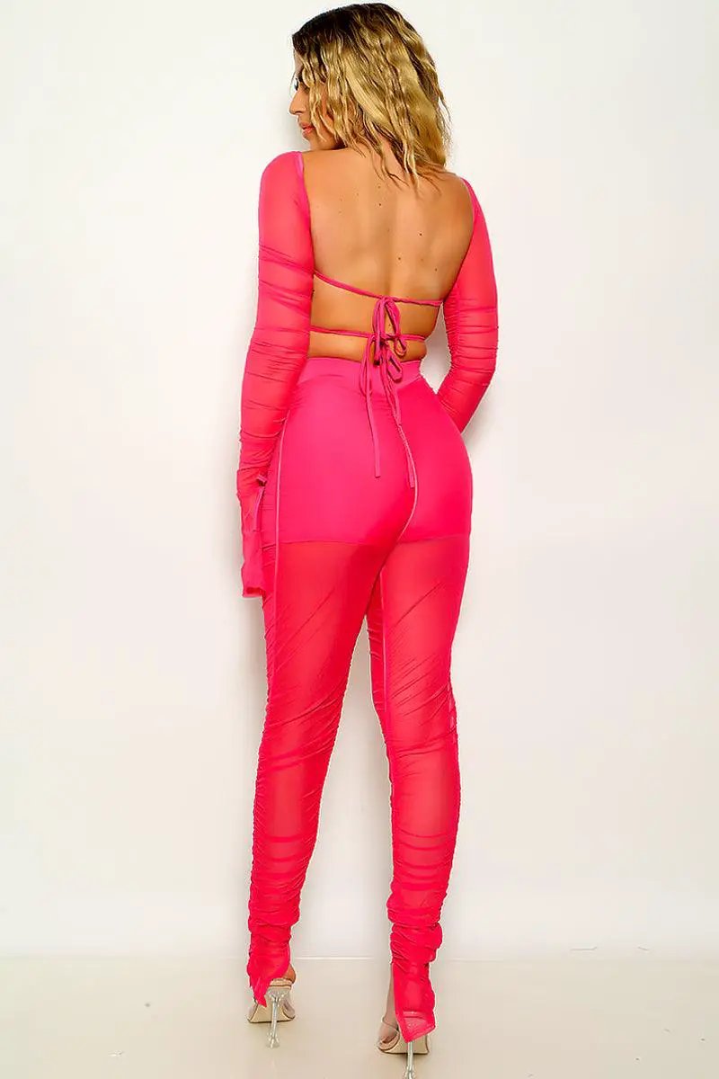 Sexy Neon Pink 2pc Pants Outfit With Long Sleeve Crop Top
