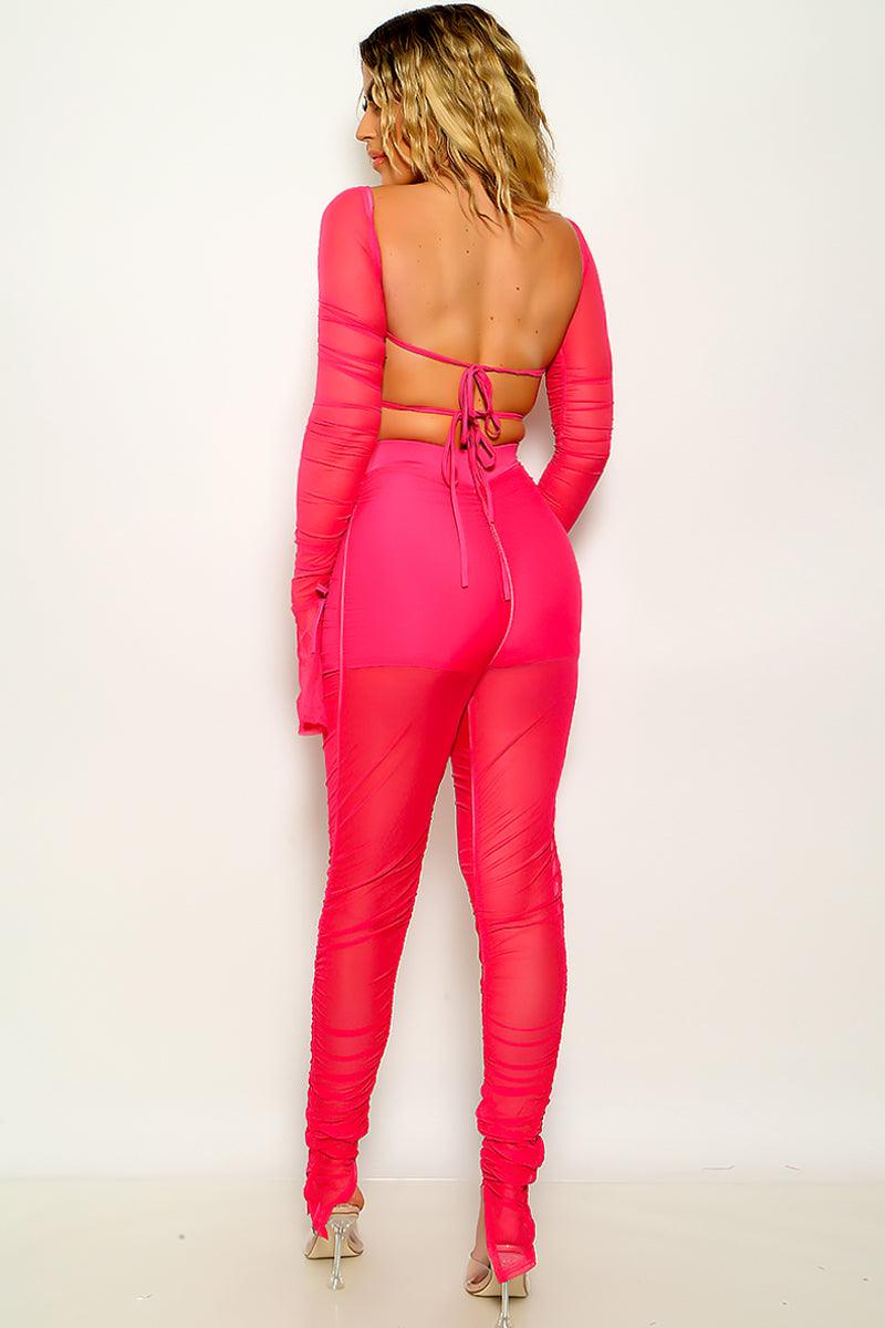 Sexy Neon Pink 2pc Pants Outfit With Long Sleeve Crop Top - AMIClubwear