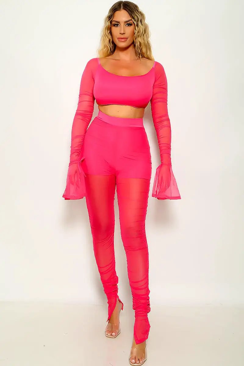Sexy Neon Pink 2pc Pants Outfit With Long Sleeve Crop Top