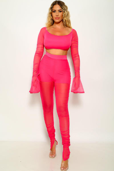 Sexy Neon Pink 2pc Pants Outfit With Long Sleeve Crop Top - AMIClubwear