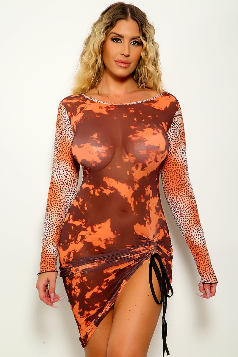Sexy Orange Brown Marble Long Sleeved Club Dress - AMIClubwear