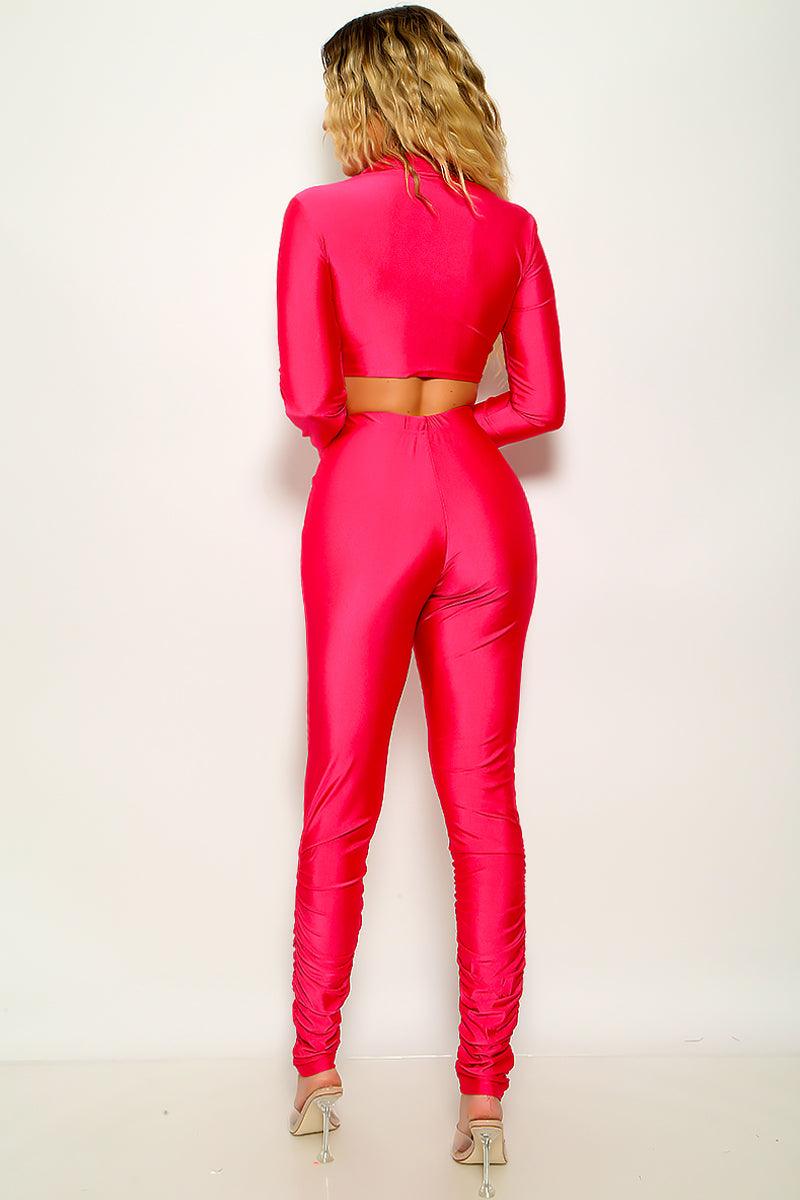 Sexy Pink 2pc Set Pants Crop Tie Top - AMIClubwear