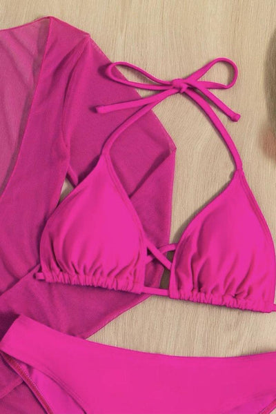 Sexy Pink 3pc Bikini With Beach Dress Coverup - AMIClubwear