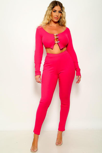 Sexy Pink Long Sleeve Two Piece Pants Outfit With Safety Pin Cleavage Top - AMIClubwear