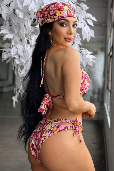 Sexy Pink Multi Floral 3pc Bikini With Head Scarf - AMIClubwear