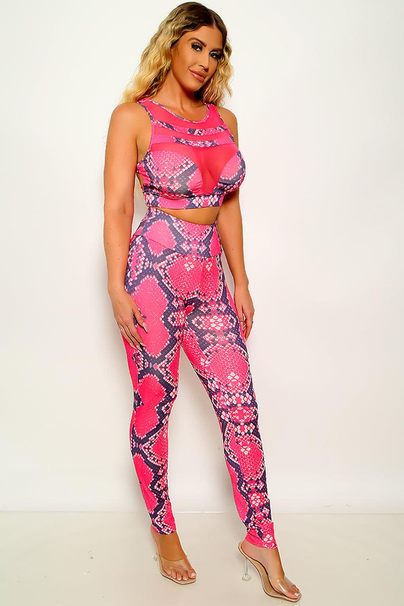 Sexy Pink Snake Print 2pc Outfit Mesh Crop Top And Pants - AMIClubwear