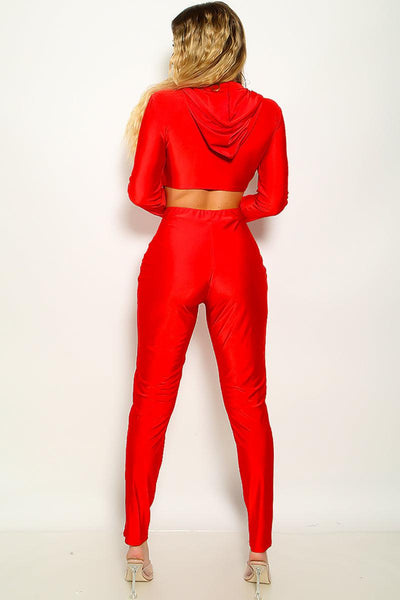 Sexy Red 2pc Long Sleeve Pants Suit White Trim - AMIClubwear