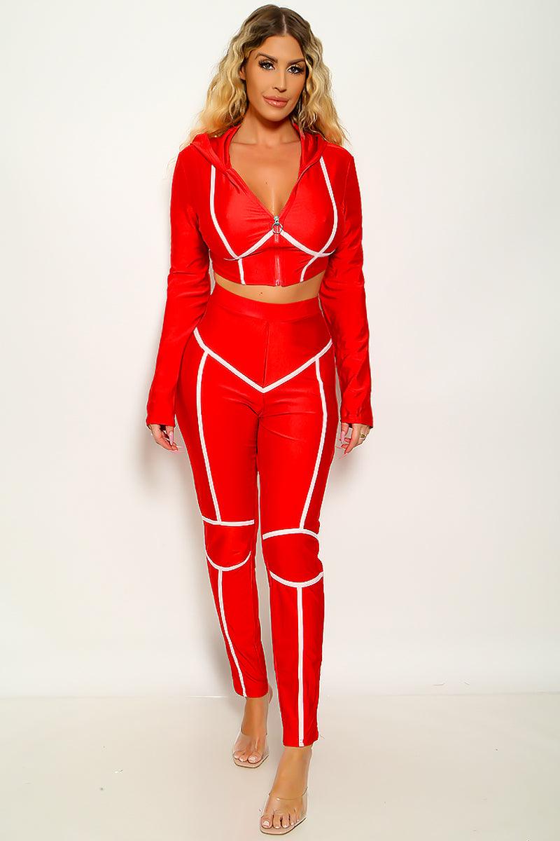 Sexy Red 2pc Long Sleeve Pants Suit White Trim - AMIClubwear