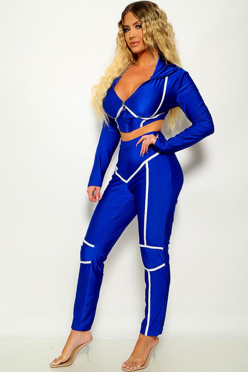 Sexy Royal Blue 2pc Long Sleeve Pants Suit White Trim - AMIClubwear