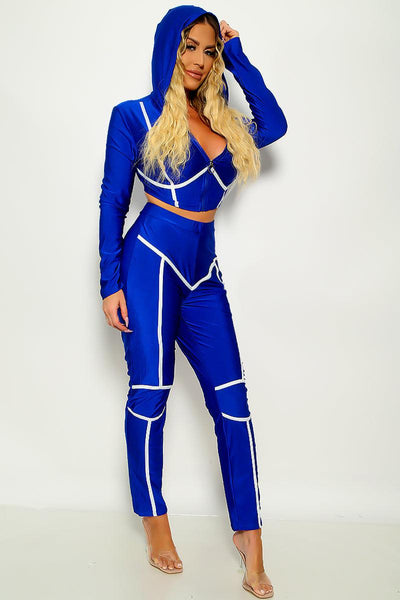 Sexy Royal Blue 2pc Long Sleeve Pants Suit White Trim - AMIClubwear