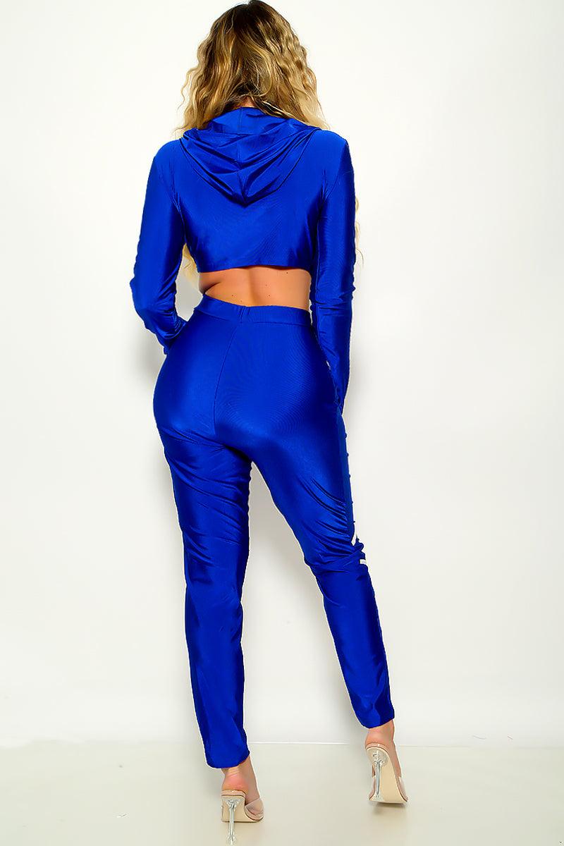 Sexy Royal Blue 2pc Long Sleeve Pants Suit White Trim - AMIClubwear