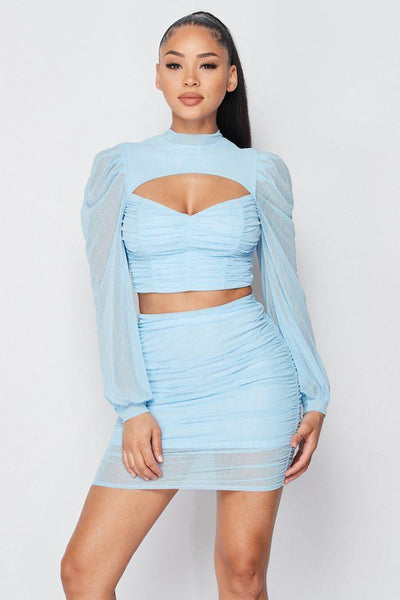Sexy Sheer Cutout Puff Sleeved Top And Skirt Set - AMIClubwear