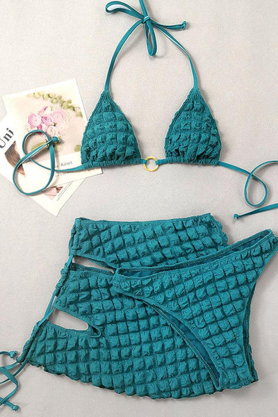 Sexy Teal 3pc Quilted Print Bikini With Coverup - AMIClubwear