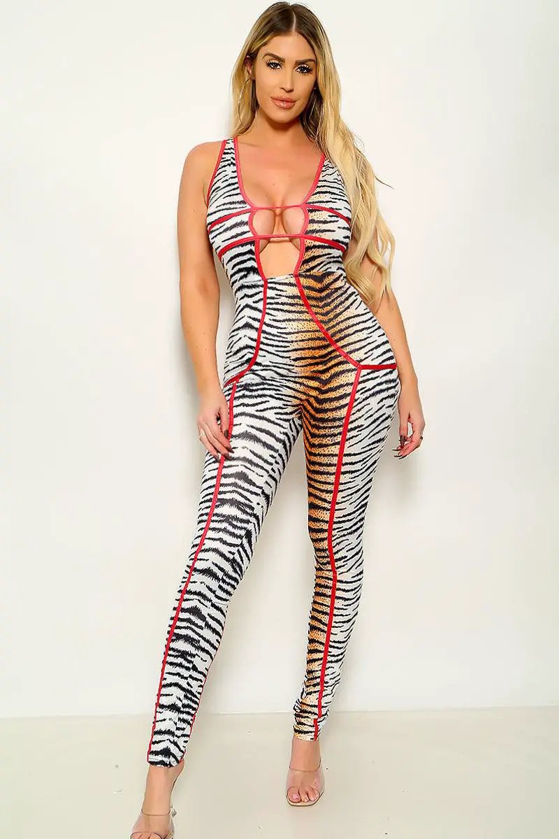Sexy Tiger Deep Plunge Hollow Out Sleeveless Jumpsuit