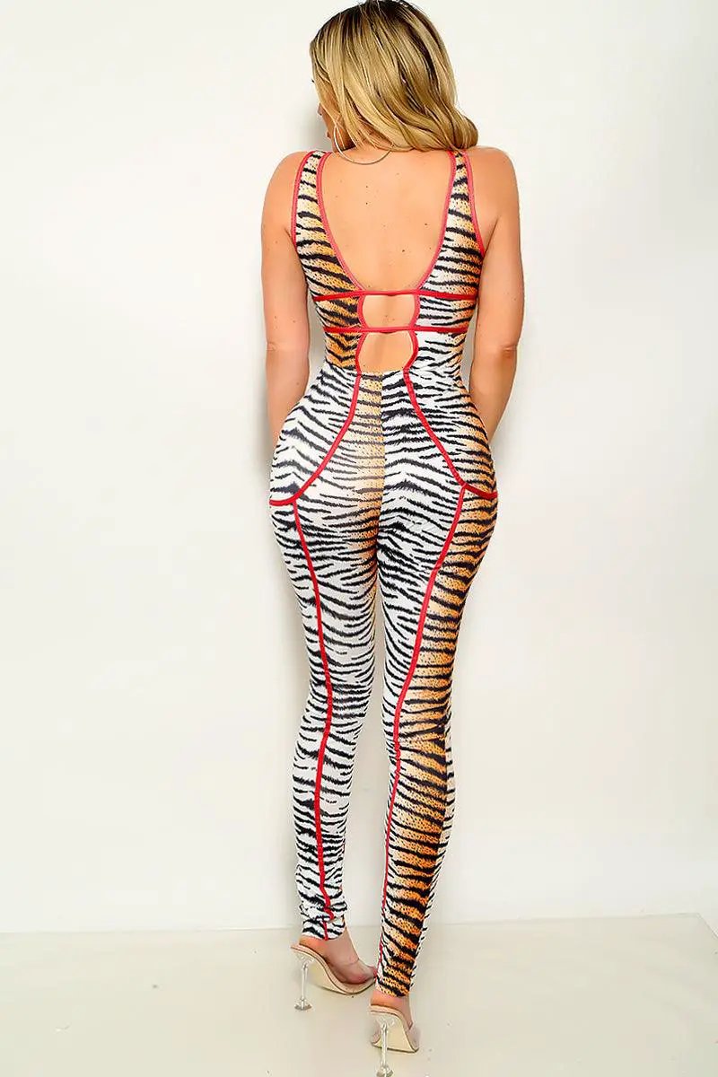 Sexy Tiger Deep Plunge Hollow Out Sleeveless Jumpsuit