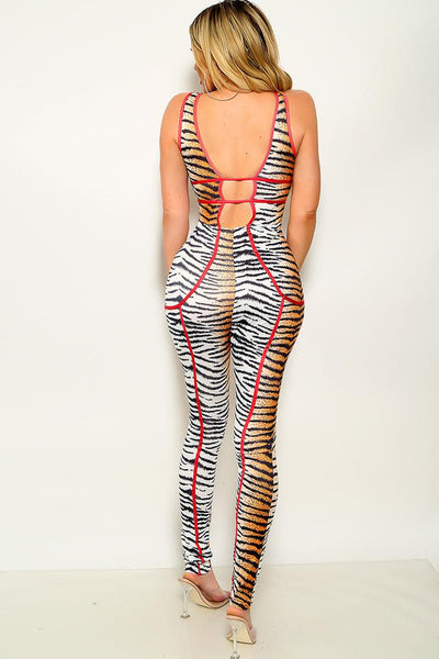 Sexy Tiger Deep Plunge Hollow Out Sleeveless Jumpsuit - AMIClubwear