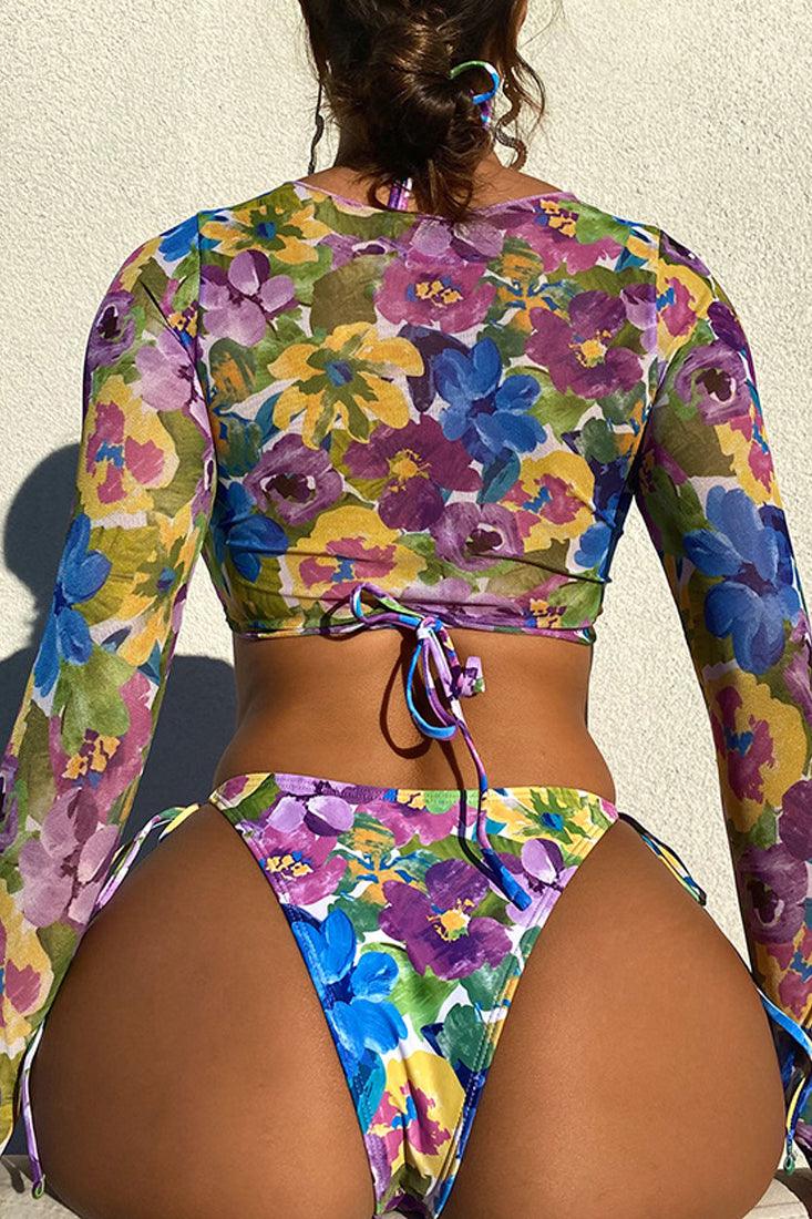 Sexy Vintage Look Multi Colored Floral 2pc Bikini Longe Sleeve Top - AMIClubwear