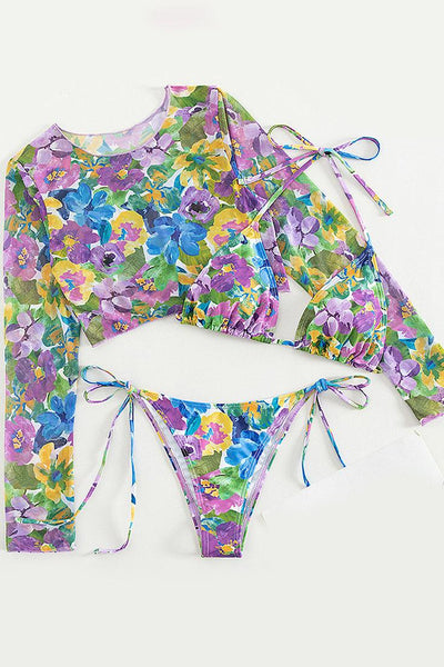 Sexy Vintage Look Multi Colored Floral 2pc Bikini Longe Sleeve Top - AMIClubwear