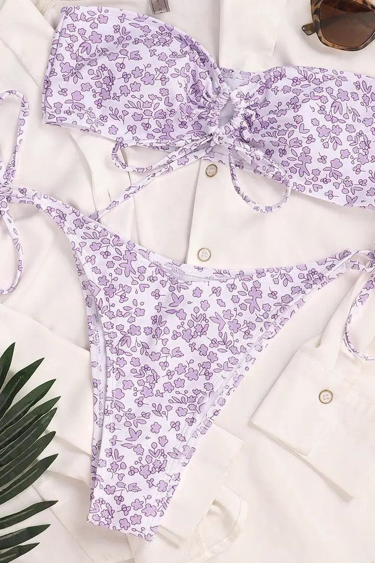 Sexy White 2pc Bikini With Purple Leaf Print