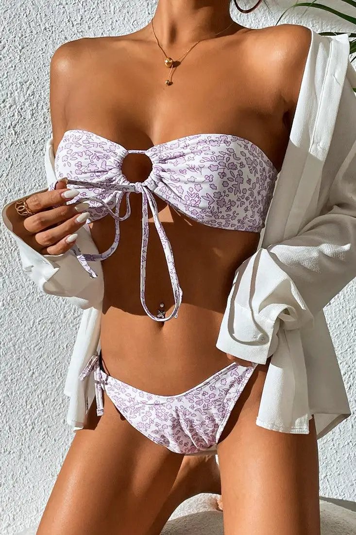 Sexy White 2pc Bikini With Purple Leaf Print