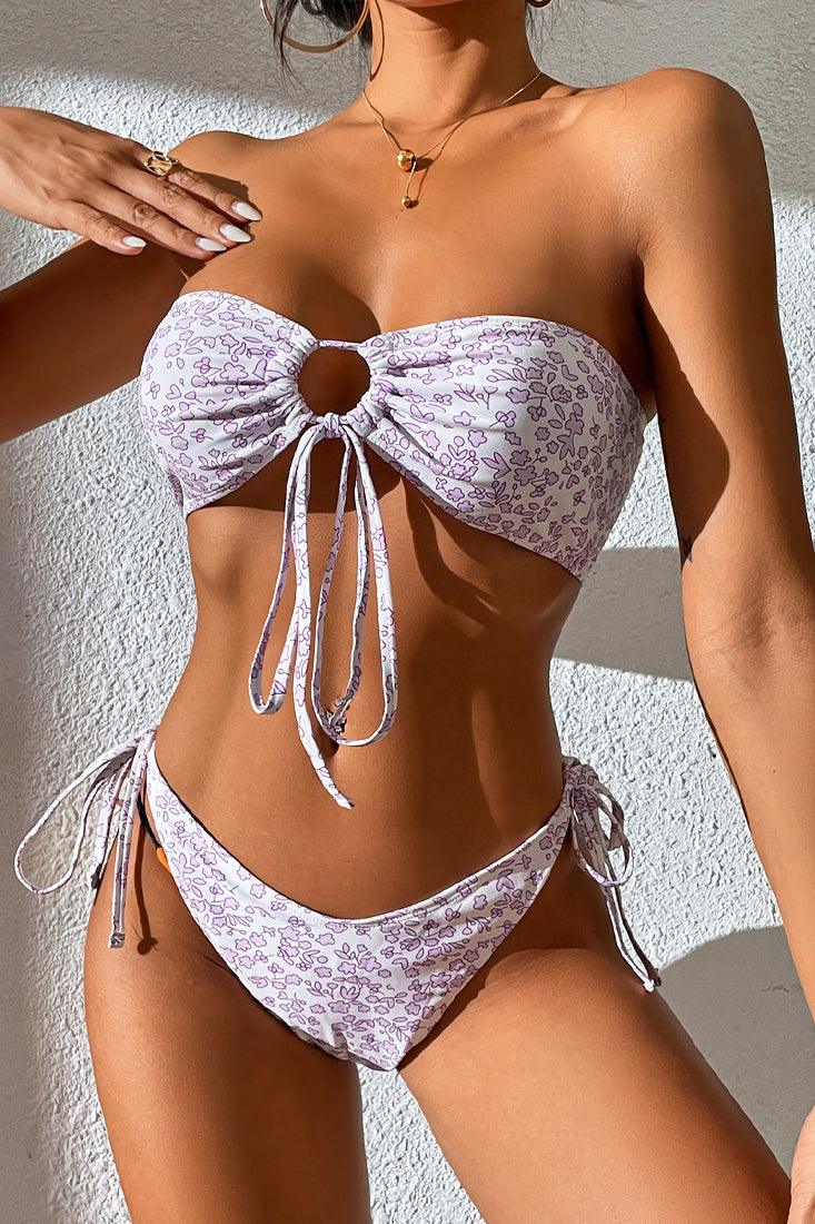 Sexy White 2pc Bikini With Purple Leaf Print - AMIClubwear
