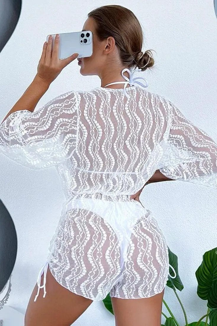 Sexy White 3pc Bikini With Lace Coverup