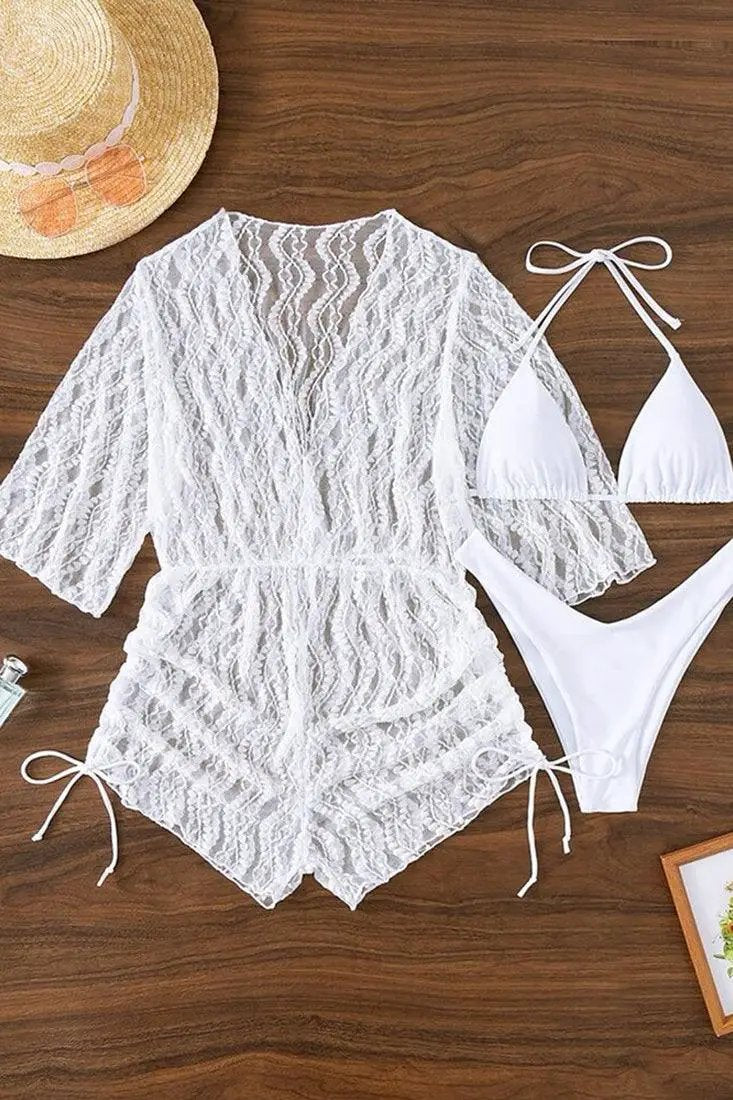 Sexy White 3pc Bikini With Lace Coverup