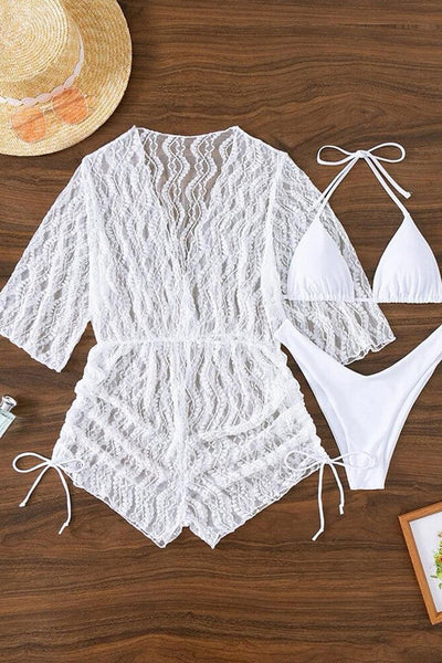 Sexy White 3pc Bikini With Lace Coverup - AMIClubwear