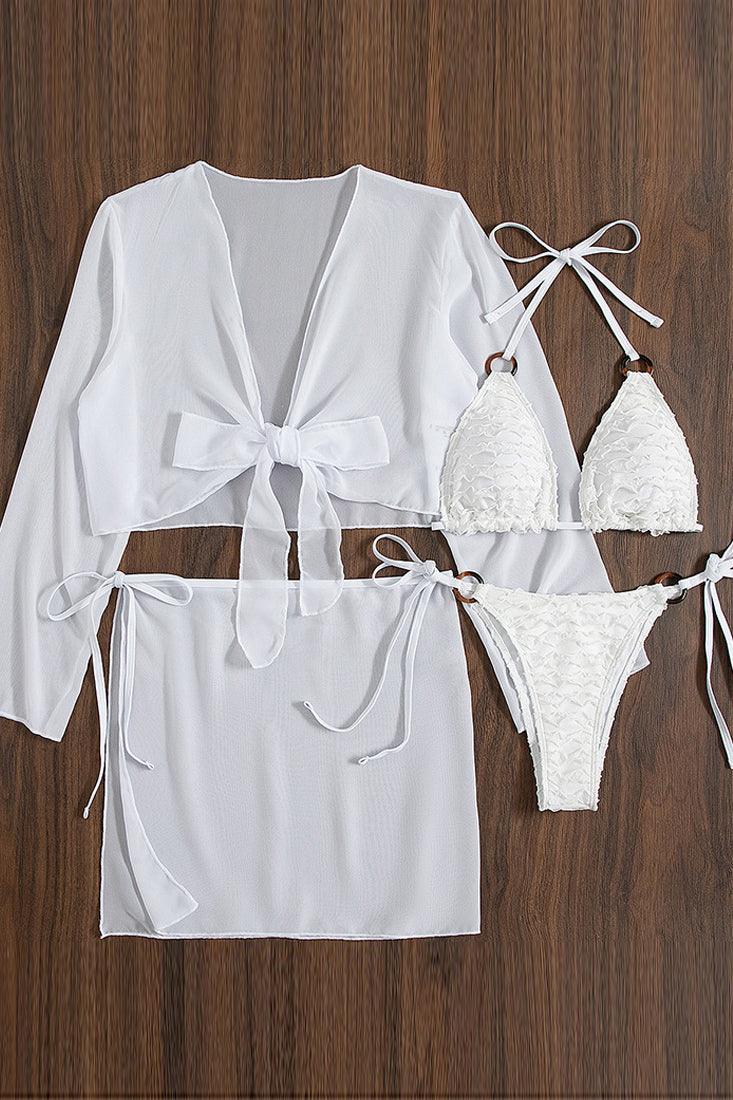 Sexy White 4pc Bikini Set With Coverups - AMIClubwear