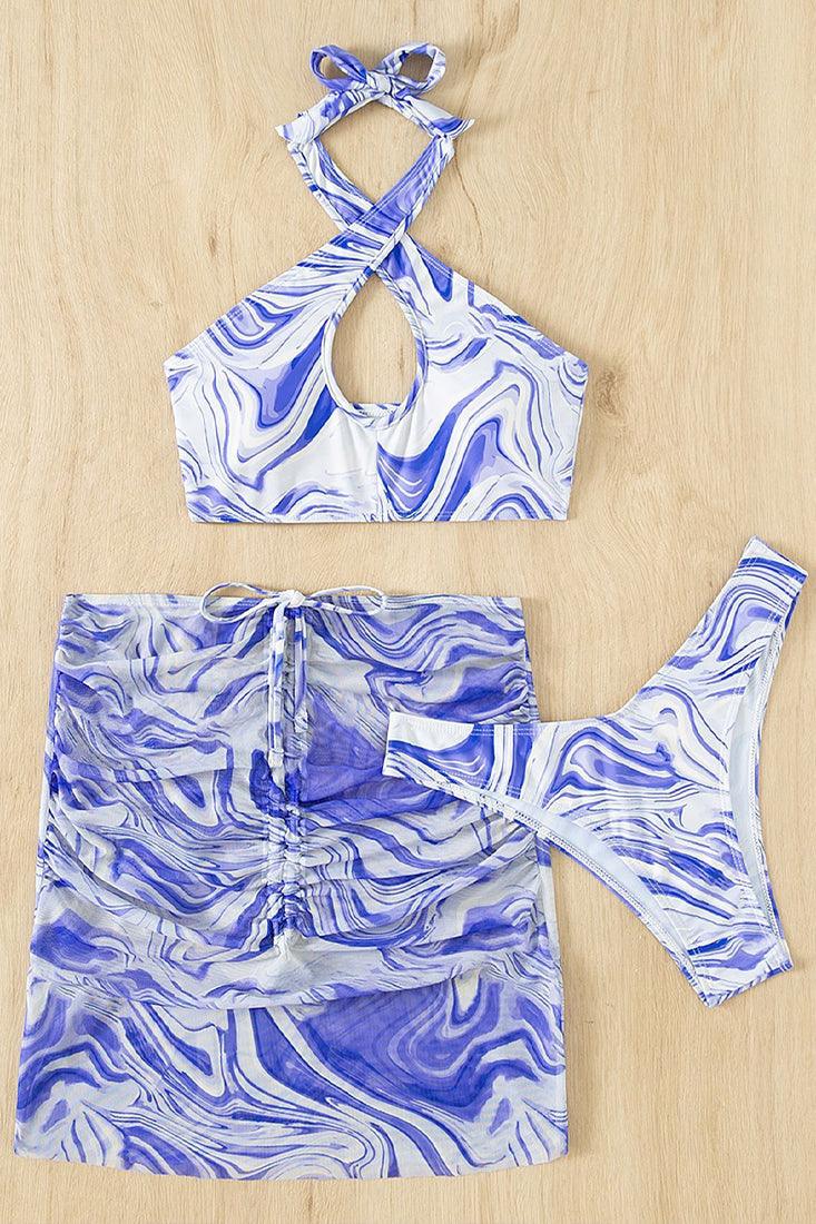 Sexy White Blue Swirl Print 3pc Bikini - AMIClubwear