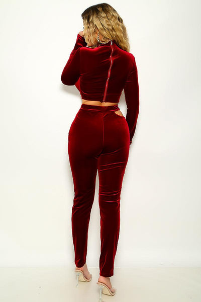 Sexy Wine Two Piece Long Sleeve Pants Outfit - AMIClubwear