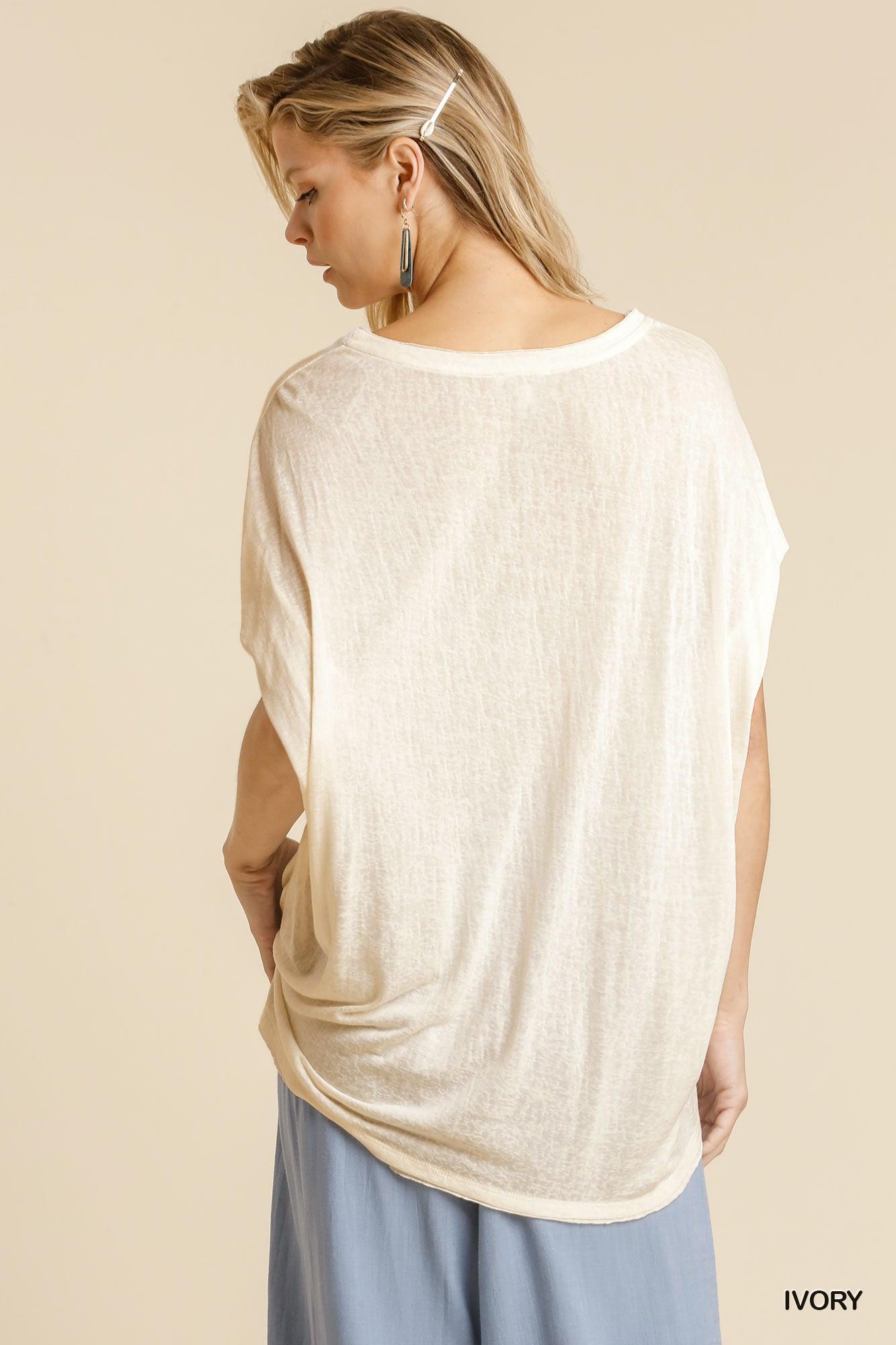 Short Sheer Dolman Sleeve Scoop Neck Top With Side Slit - AMIClubwear