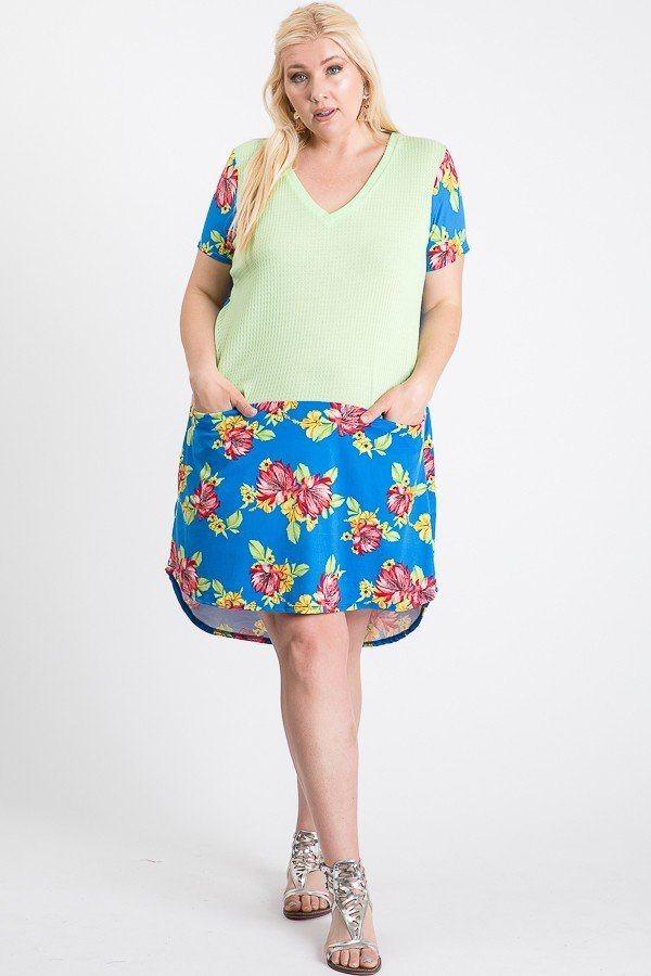 Short Sleeve Floral Blocked Midi Dress With Front Pocket - AMIClubwear