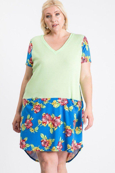 Short Sleeve Floral Blocked Midi Dress With Front Pocket - AMIClubwear