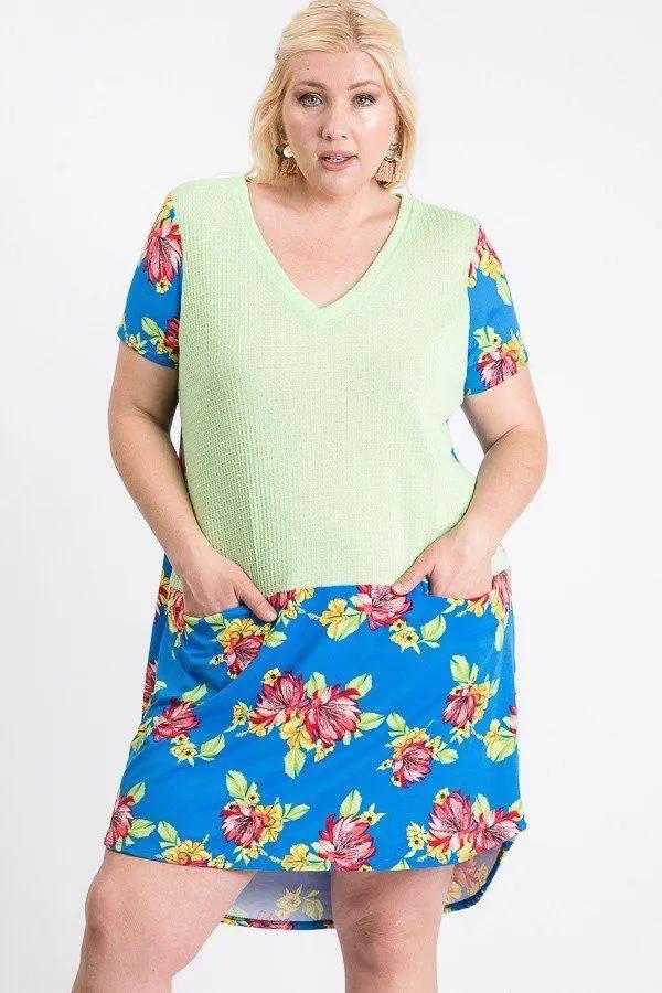 Short Sleeve Floral Blocked Midi Dress With Front Pocket