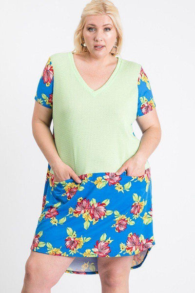 Short Sleeve Floral Blocked Midi Dress With Front Pocket - AMIClubwear