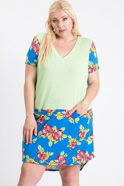 Short Sleeve Floral Blocked Midi Dress With Front Pocket - AMIClubwear